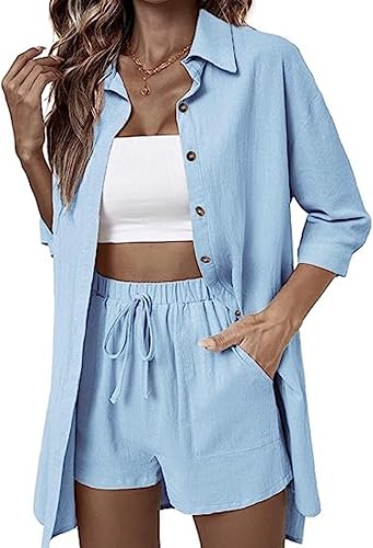 ELESOL Conjunto de 2 piezas de algodón y lino para mujer, conjunto de camisa de manga 34 con botones y pantalones cortos, conjuntos de verano para