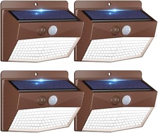Peasur 4 Pack Solar Motion Sensor Lights Outdoor Waterproof with 3 Modes | Cool White, Brown Frame, LED, Solar Powered, Security Lighting for Outside Wall Garden Fence Yard Deck Patio Garage