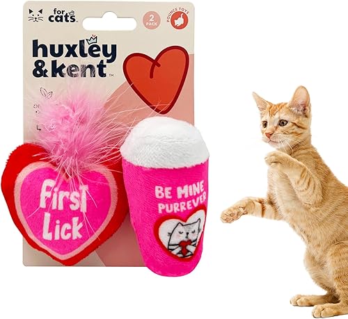 Huxley & Kent Paquete de 2 juguetes de peluche para gatos | First Lick Heart & Be Mine Coffee | Juguete fuerte relleno de hierba gatera para el día
