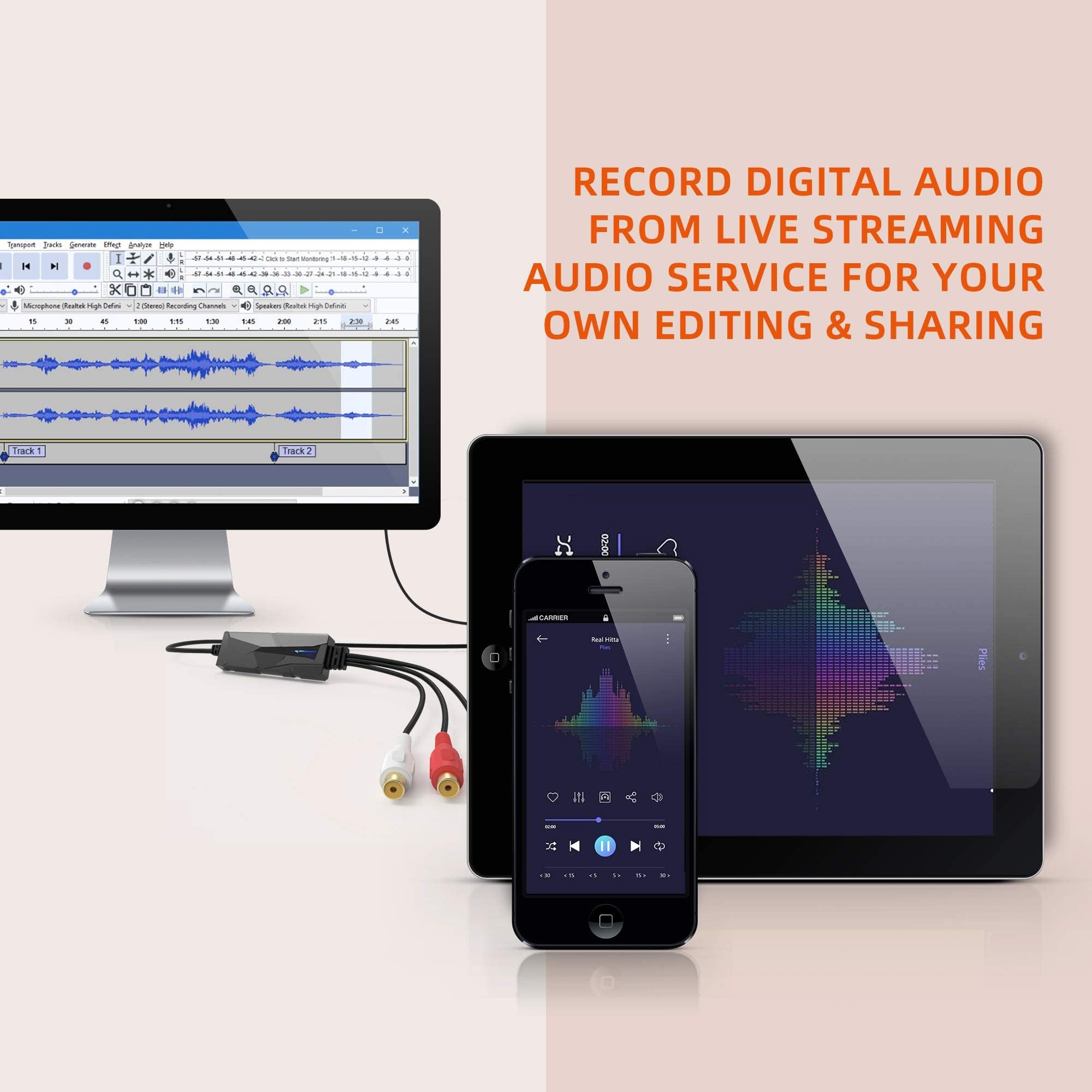 USB Audio Grabber für Stereo R/L oder 3,5 mm analoge Instrumente - Kompatibel mit Windows 11, macOS 14 Sonoma