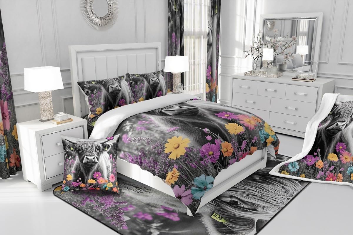Feelyou Highland Cow Duvet Cover 100% Cotton King Size Cute Highland Cow Bedding Set for Kids Adult Boys Girls Colorful Floral Comforter Cover Set Farm Animal Bedspread Cover 3Pcs Zipper,No Comforter