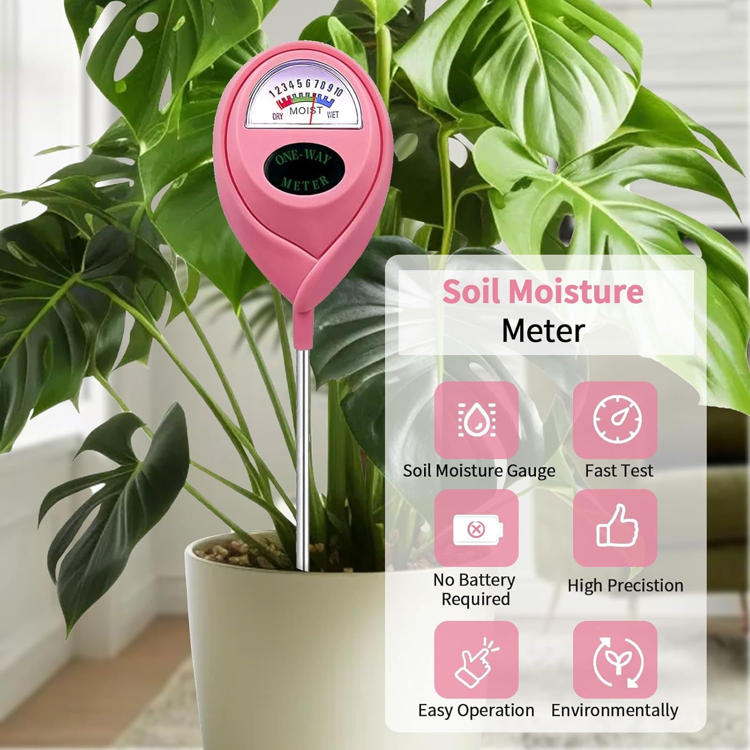 Soil Moisture Meter, Garden Plant Water Meter, Plants Moisture Meter, Lawn Soil Tester, Soil Water Gauge for Potted Plants, Plant Moisture Monitor Free Plant Watering Guide (Pink)
