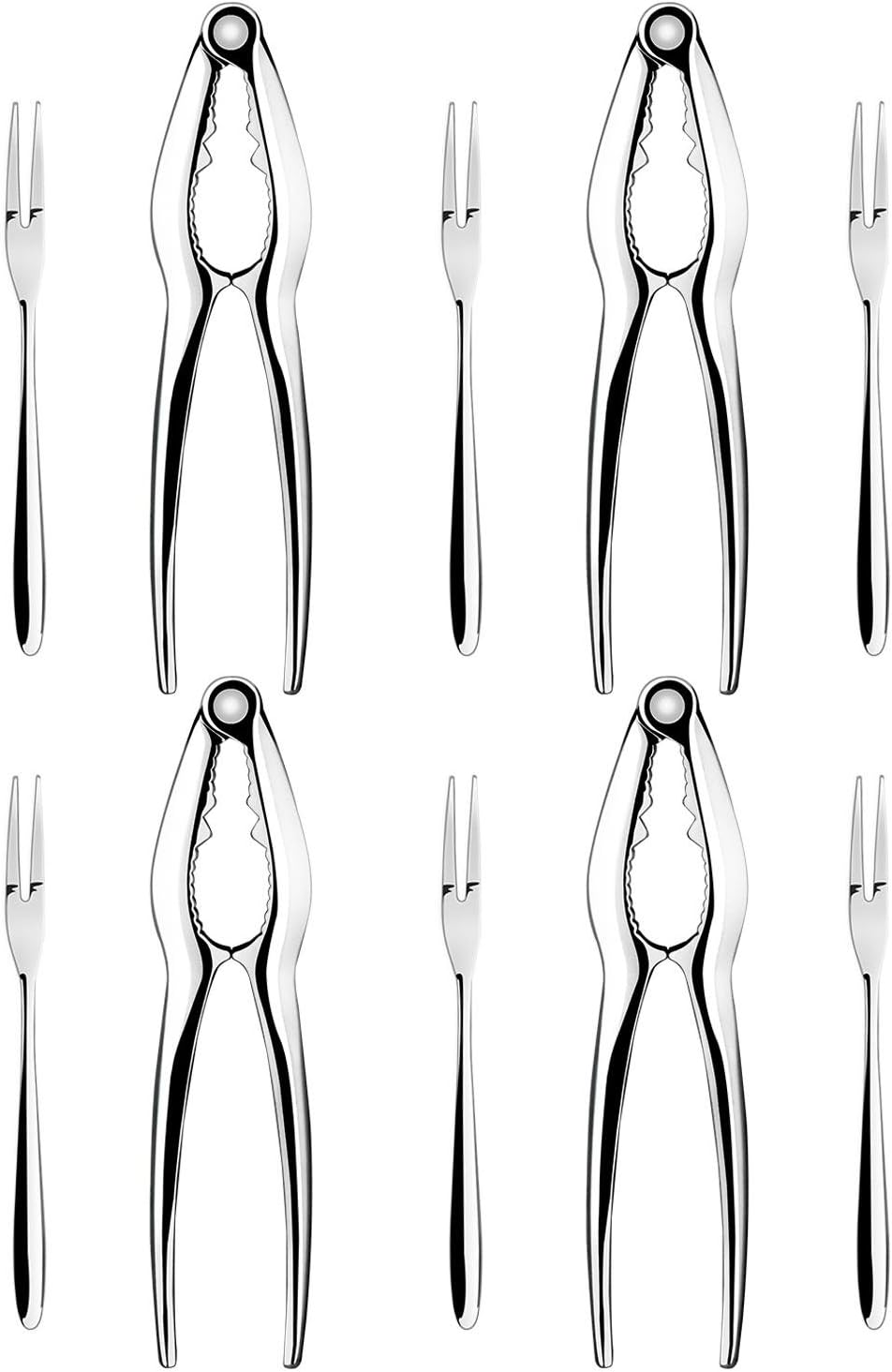 Seafood Tools Nutcrackers Set, Chrome Plated Zinc Alloy Lobster Openers Nuts Cracker Set Includes 4 Crackers and 6 Forks for Lobster, Shell Fish, Crab Shells and Nuts Cracking (4 cracker x 6 forks)