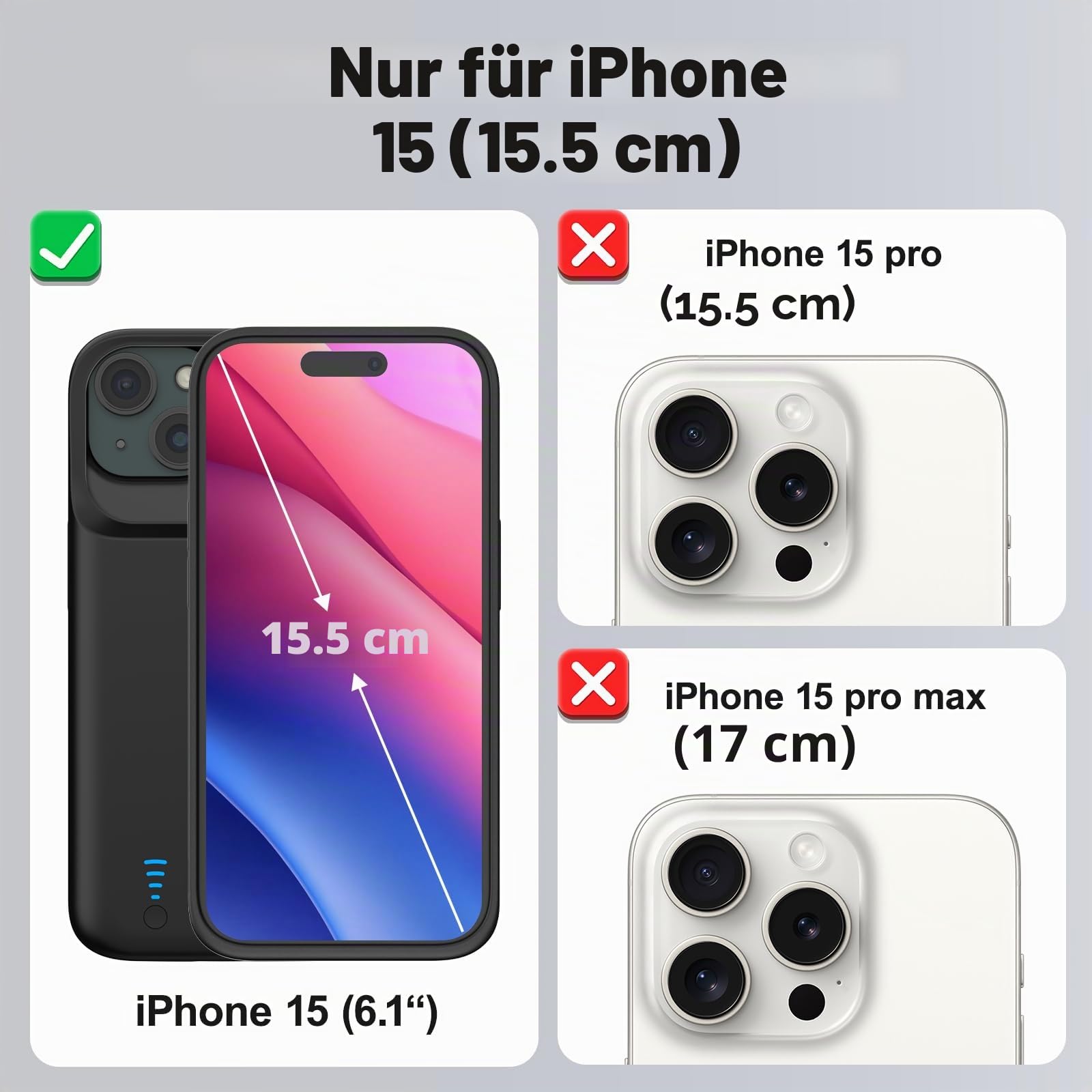 Akku-Hülle für iPhone 15, Echtes 8500 mAh, Schmal, Wiederaufladbar, Erweitertes Ladegerät, Ladehülle Mit Ständer, Tragbare Schützende Powerbank für iPhone 15, 6,1 Zoll – Schwarz