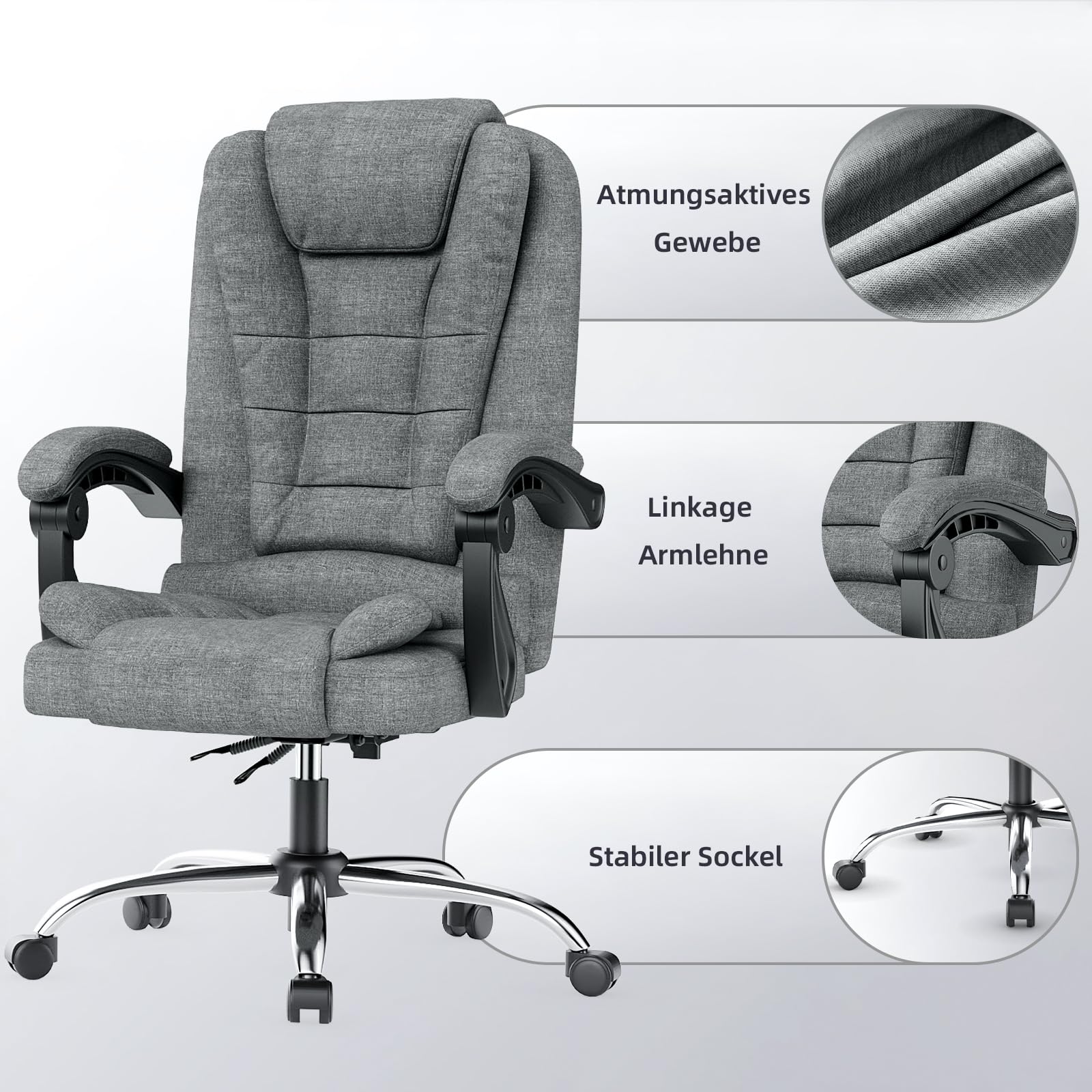 naspaluro Chefsessel Bürostuhl, Schreibtischstuhl, Ergonomisch, Computerstuhl mit Hoher Rückenlehne, Gepolsterter Armlehnen und Höhenverstellbar, Neigefunktion, Drehstuhl, Liegestuhl, Dunkelgrau