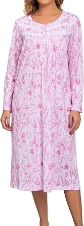 FMIRREO Long Cotton Nightgown Womens Long Sleeve Sleepwear Pleated Floral House Dress Soft Comfy Night Dress for Ladies
