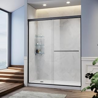 SUNNYSHOWER 58.5-60x72 Semi-Frameless Double Sliding Shower Door, 1/4" Tempered Clear Glass, Matte Black Finish