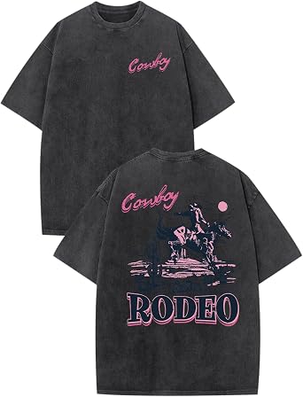 Bobeutou Western Shirts for Men Vintage Rodeo Cowboy Shirt Oversized Graphic Tees Country Concert Acid Wash T-Shirts Tops