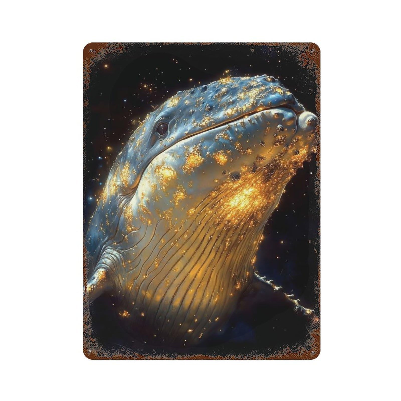 Golden Whale in Space 15.7"x11.8" Rust Effect Tin Sign, Industrial Home Decor for Living Room, Hallway And Home Decor