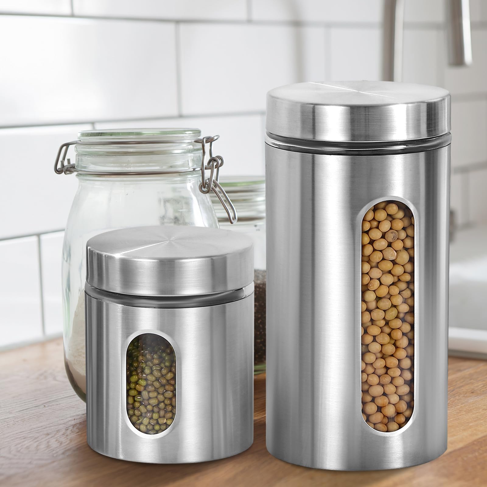 Mikikit Tarros de acero inoxidable para almacenar alimentos 3 piezas con ventana transparente y cierre hermético para cocina y restaurante