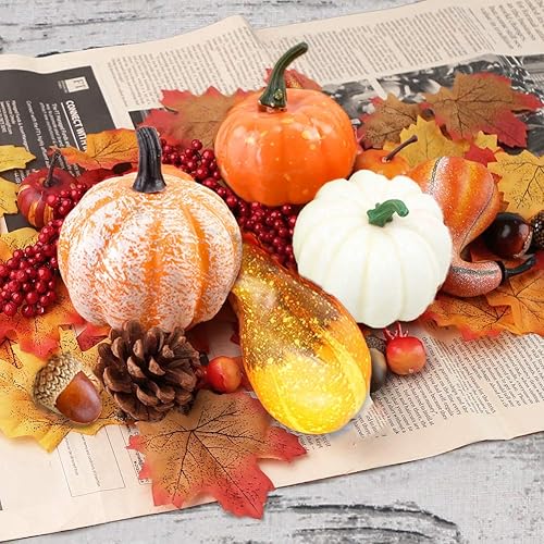 Miniatura 3 de 96 piezas de calabaza artificial de Halloween y calabaza hoja de arce, girasol, fruta roja, piña, bellota, cosecha, mezcla de calabaza falsa