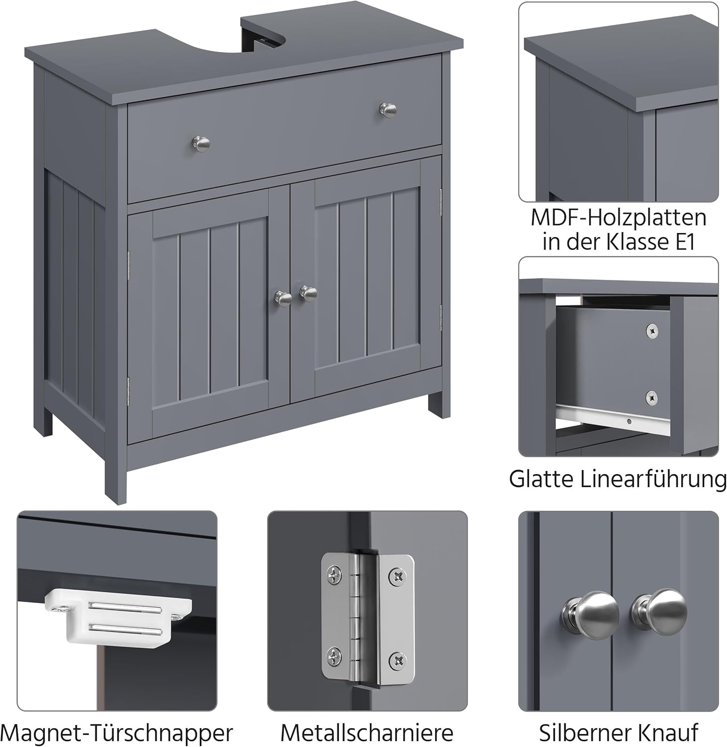 Close-up of Yaheetech Vanity Unit features: MDF material, drawer slide, magnetic catch, metal hinge, and silver knob.