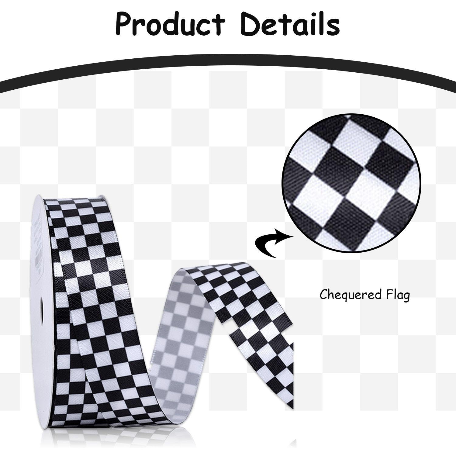1 Roll (9M) Black & White Checkered Gift Box Ribbon - Decorative & Racing Weaving Material, Black and White, 9M*1.9Cm - Image 3