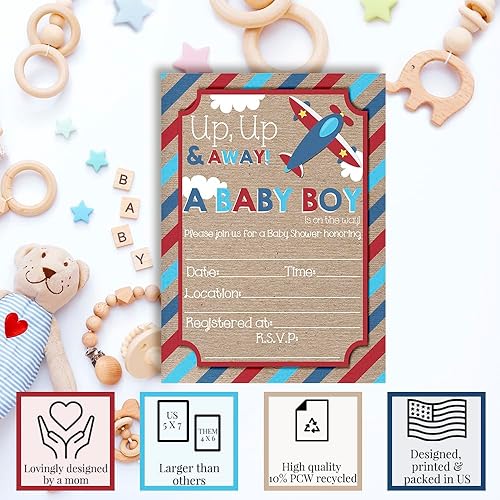 Miniatura 3 de Up & Away Airplane Baby Shower Invitaciones para niños, 20 tarjetas de relleno de 5 x 7 con veinte sobres blancos por AmandaCreation