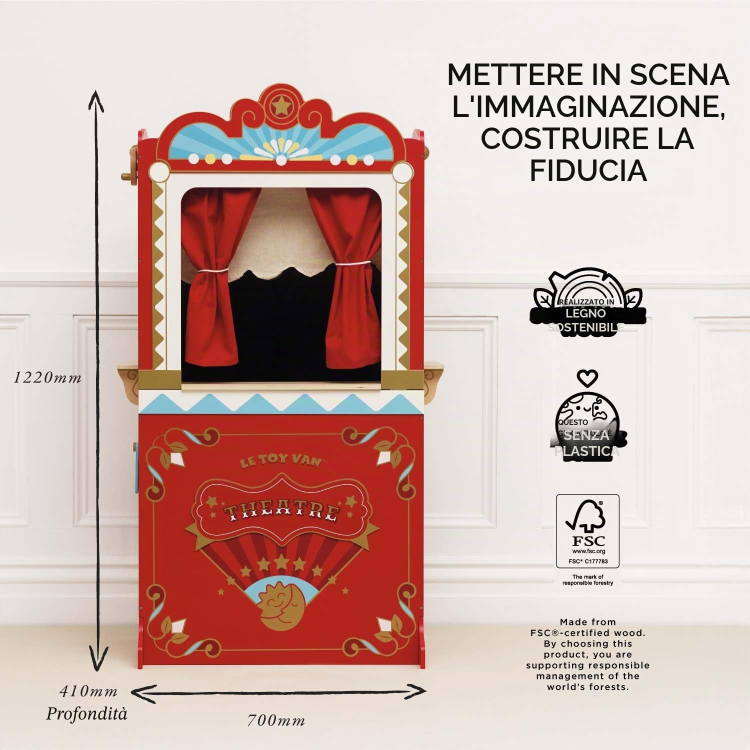 Le Toy Van - TV333 - Gioco educativo 3 Anni teatro delle Marionette e dei burattini Grande in Legno, Alto 122 cm, Giocattolo Montessori, con insegna Reversibile, 2 lavagne, sipario con Tende Vere