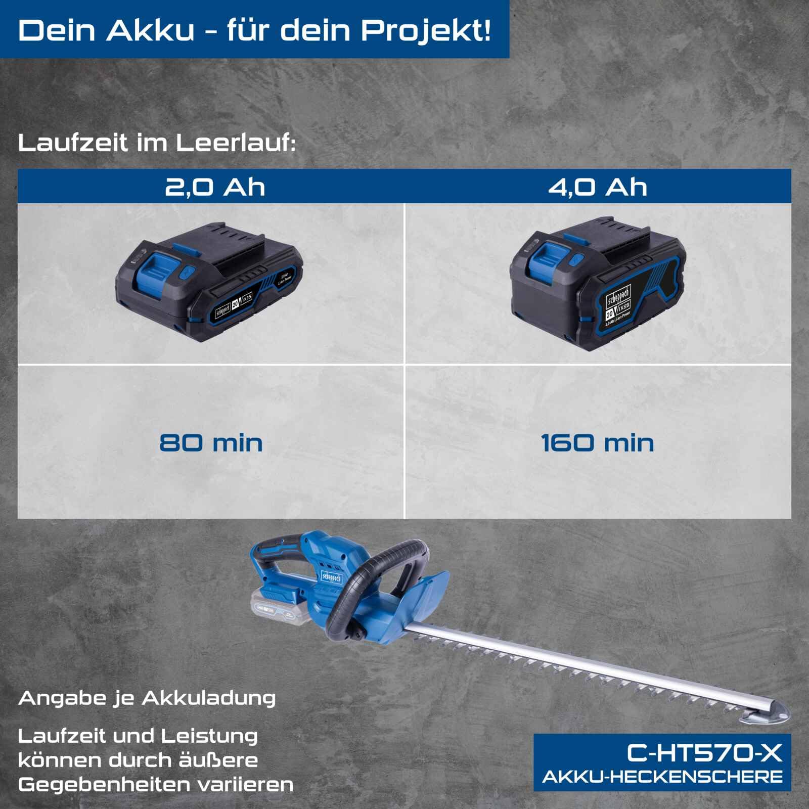 Scheppach Akumulatorowe nożyce do żywopłotu C-HT570-X 20 V | długość cięcia 510 mm | grubość cięcia 16 mm | seria 20 V IXES | miecz 560 mm | w zestawie zabezpieczenie miecza | bez akumulatora i