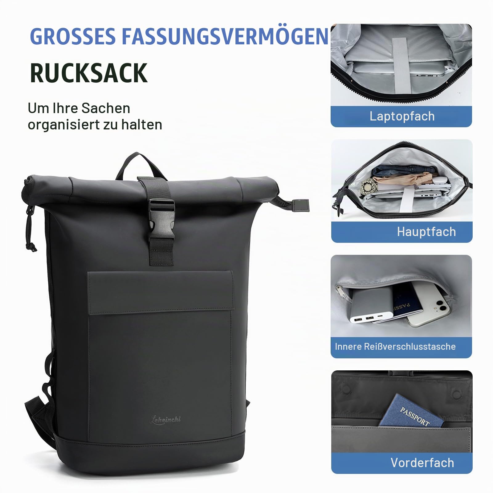 Lekeinchi Rolltop Rucksack Damen & Herren, Elegant Laptop Rucksack Wasserdicht mit 17 Zoll Laptopfach, Großer Reiserucksack Tagesrucksack Schulrucksack für Reisen, Uni Schule, Arbeit - Schwarz_XL