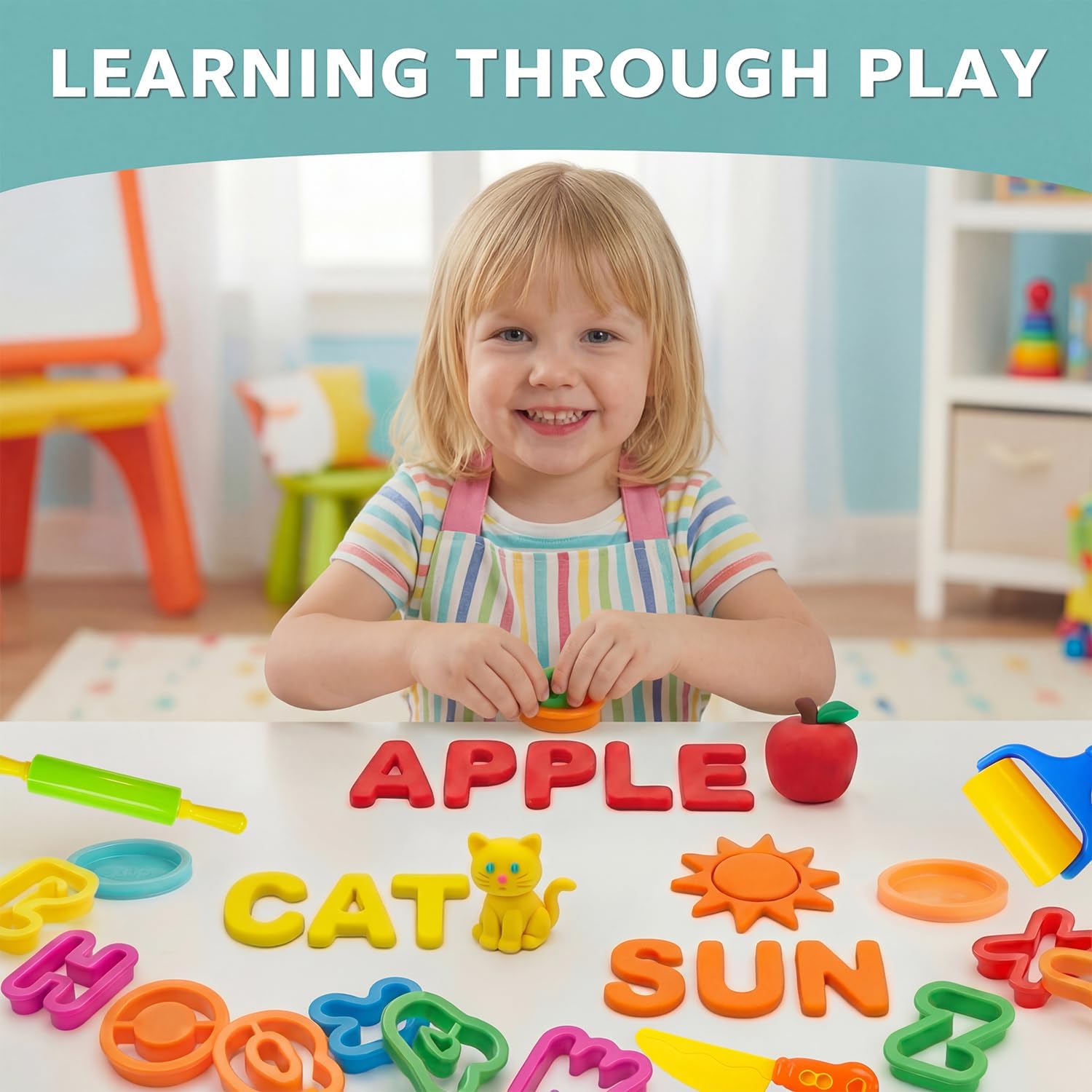 55 Pcs Alphabet & Number Dough Tool Set – Clay Play Kit for Kids with Rolling Pins, Geometric Cutters & Letter Molds, Modeling Accessories for Creative Learning