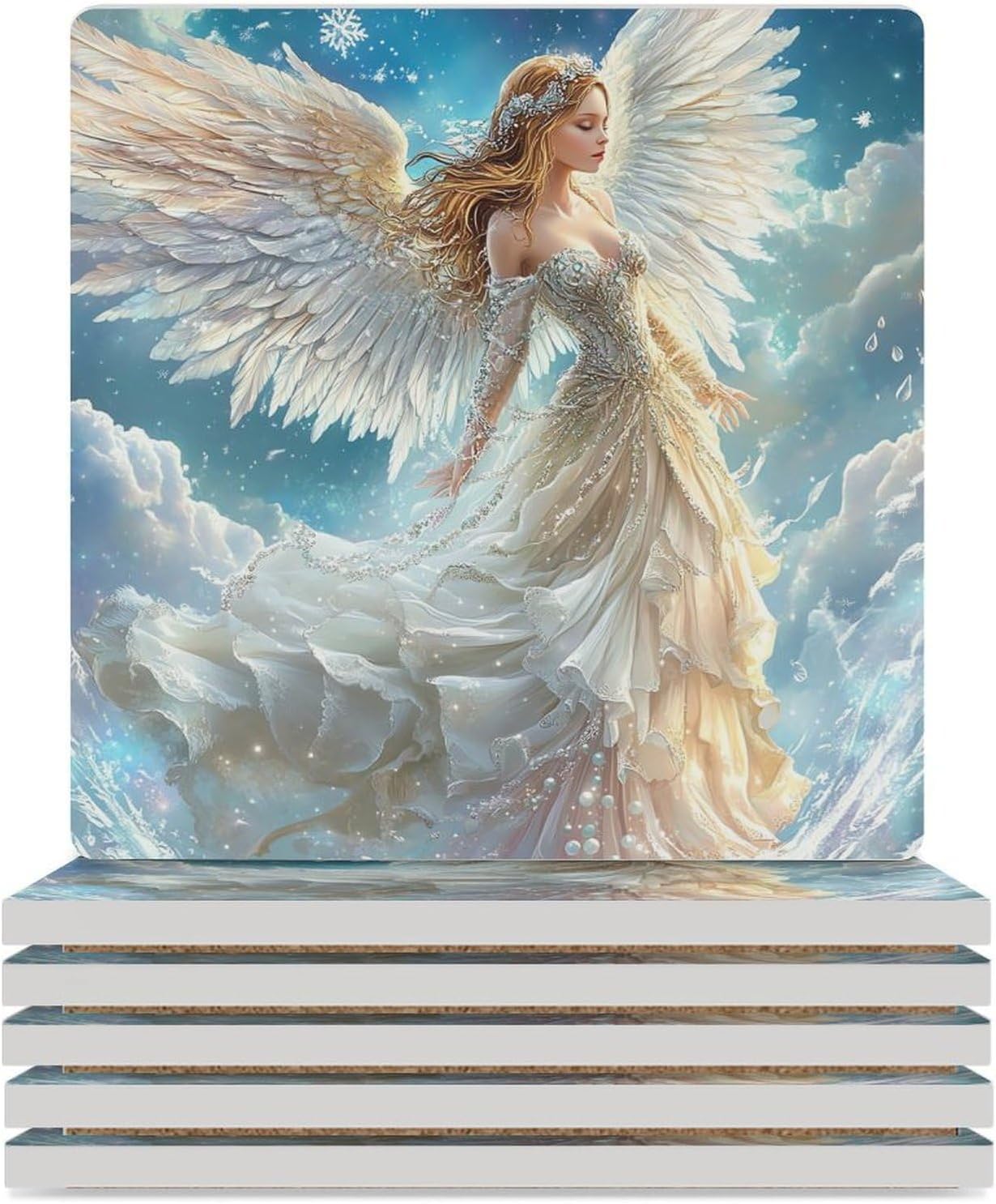 Angel Wings Ceramic Coasters Set Square Drink Coasters Table Coaster for Kitchen Desktop Decor