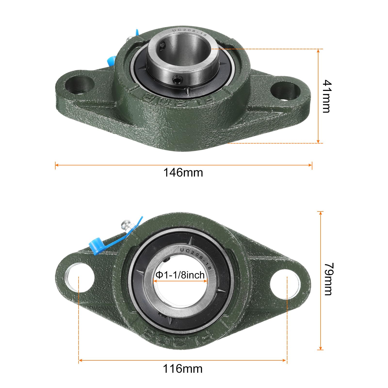 uxcell 2 cuscinetti a blocchetto UCFL206-18 con foro da 3,8 cm, auto-allineamento, base in ghisa massiccia montata su cuscinetti in acciaio cromato
