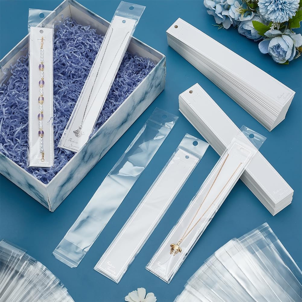 FINGERINSPIRE 150 Sets Paper Necklace Display Cards with Plastic Bags Jewelry Display Cards Extra Long White Paper Showing Tags Necklace Cardboard Hanging Holders for Jewelry Selling