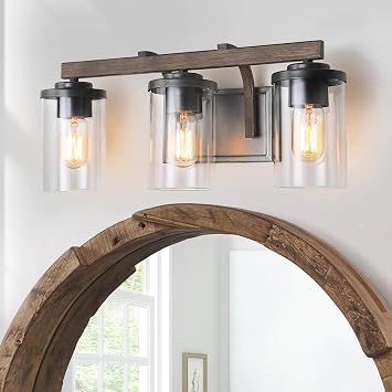 KSANA Farmhouse Bathroom Light Fixtures, 3-Light Rustic Vanity Lights for Bathroom with Clear Glass Shade, 20 Faux Wood Bathroom Lighting Lights Over Mirror