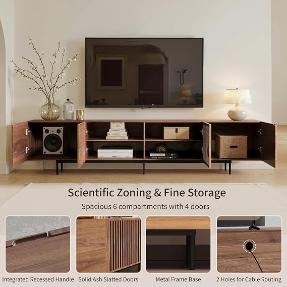 Walnut 240cm Wide TV Stand Unit, Extra Large Fluted Wooden TV Cabinet with Storage, Long Media Unit for Living Room or Bedroom 65 75 85 100 Inch TVs