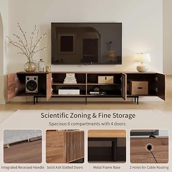 Walnut 240cm Wide TV Stand Unit, Extra Large Fluted Wooden TV Cabinet with Storage, Long Media Unit for Living Room or Bedroom 65 75 85 100 Inch TVs