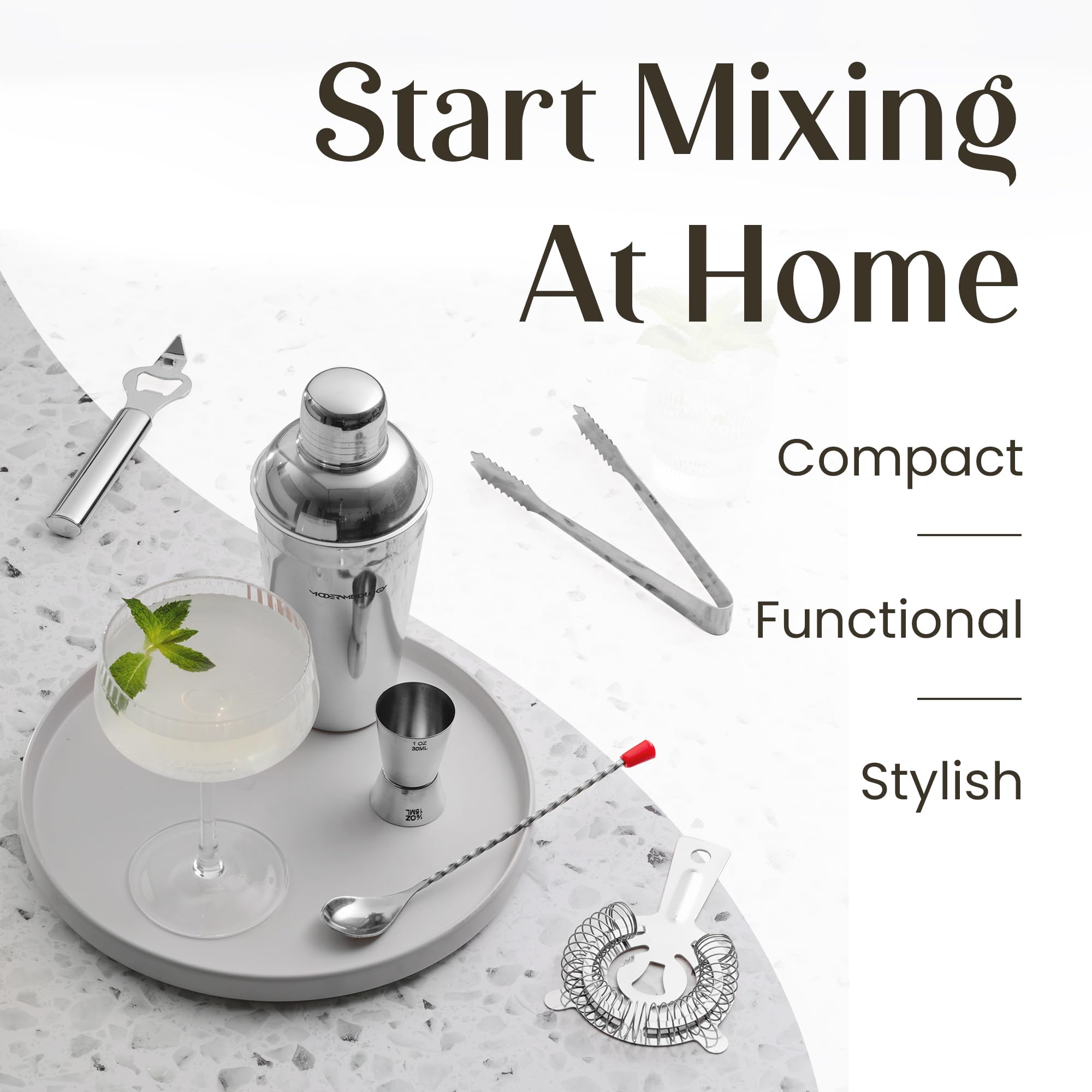 Modern Mixology Juego de coctelera – Kit de barman con soporte de pino | Diseño a prueba de fugas | Incluye coctelera de martini, medidor, colador, cuchara, pinzas | Herramientas de bar perfectas para