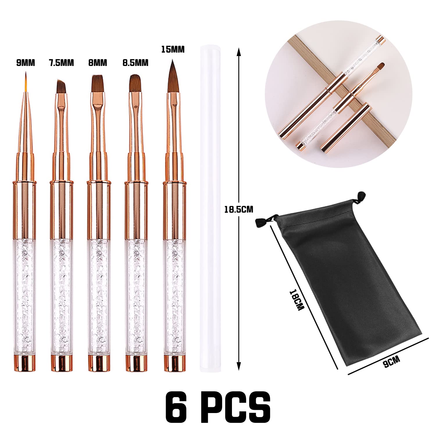 NINVVS 5pc Rose Gold Nylon Nail Art Brush Set including Storage Bag - Image 2