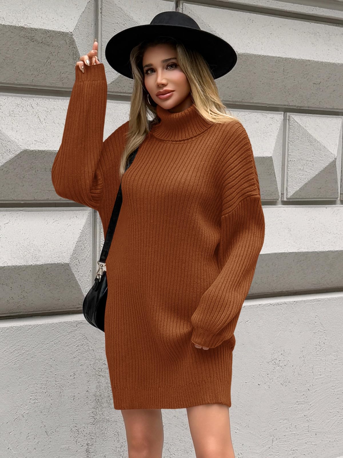 Saodimallsu Damen Strickkleid Langarm Rollkragenpullover Kleid Oversized Laternenärmeln Minikleid Casual Einfarbig Pullover Herbst Winter