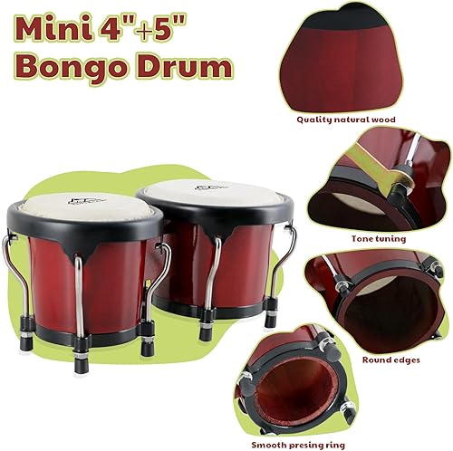 Miniatura 33 de EastRock Bongo - Juego de tambor de 4 y 5 pulgadas para adultos, principiantes, profesionales, instrumentos de percusión de madera y metal con llave
