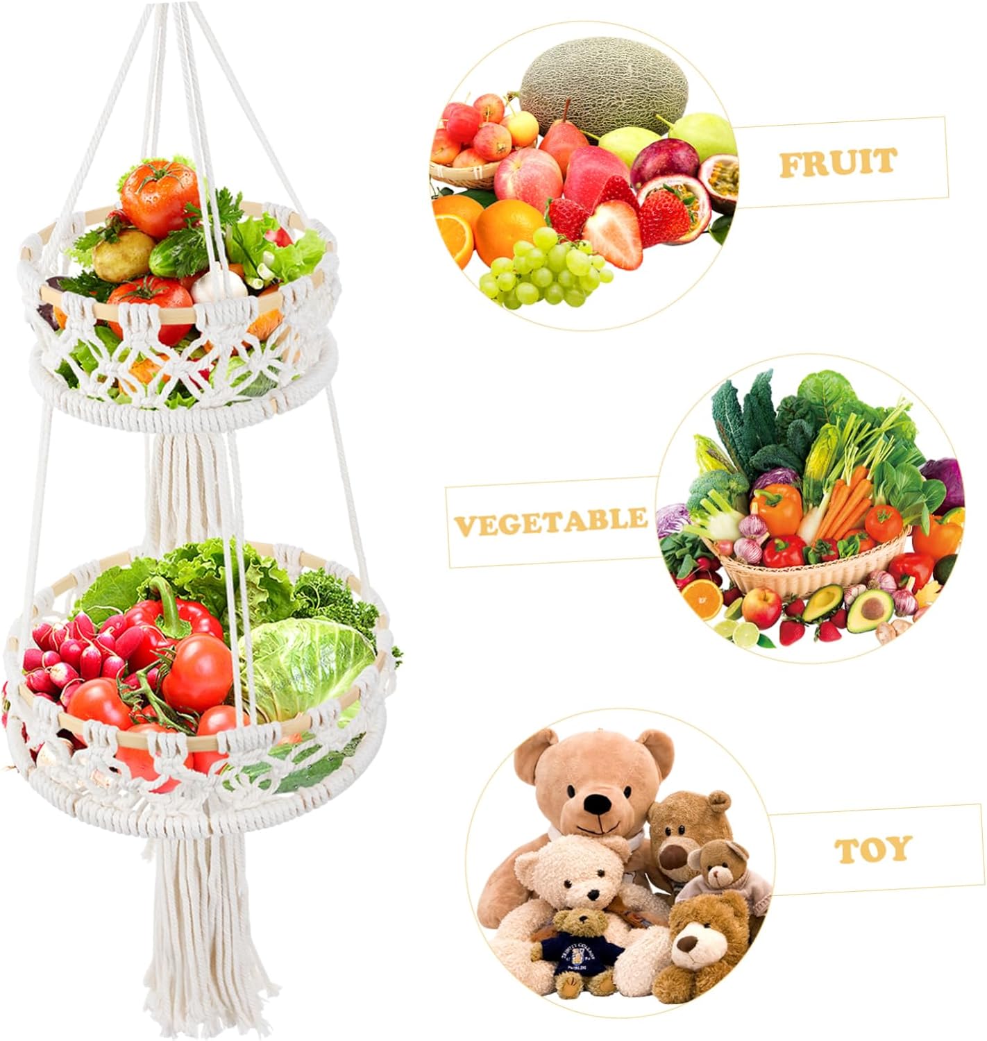 Cotton Rope Woven Wall Hanging Storage Basket Vegetable Organizer for Home Kitchen Balcony Decor Natural Handcrafted