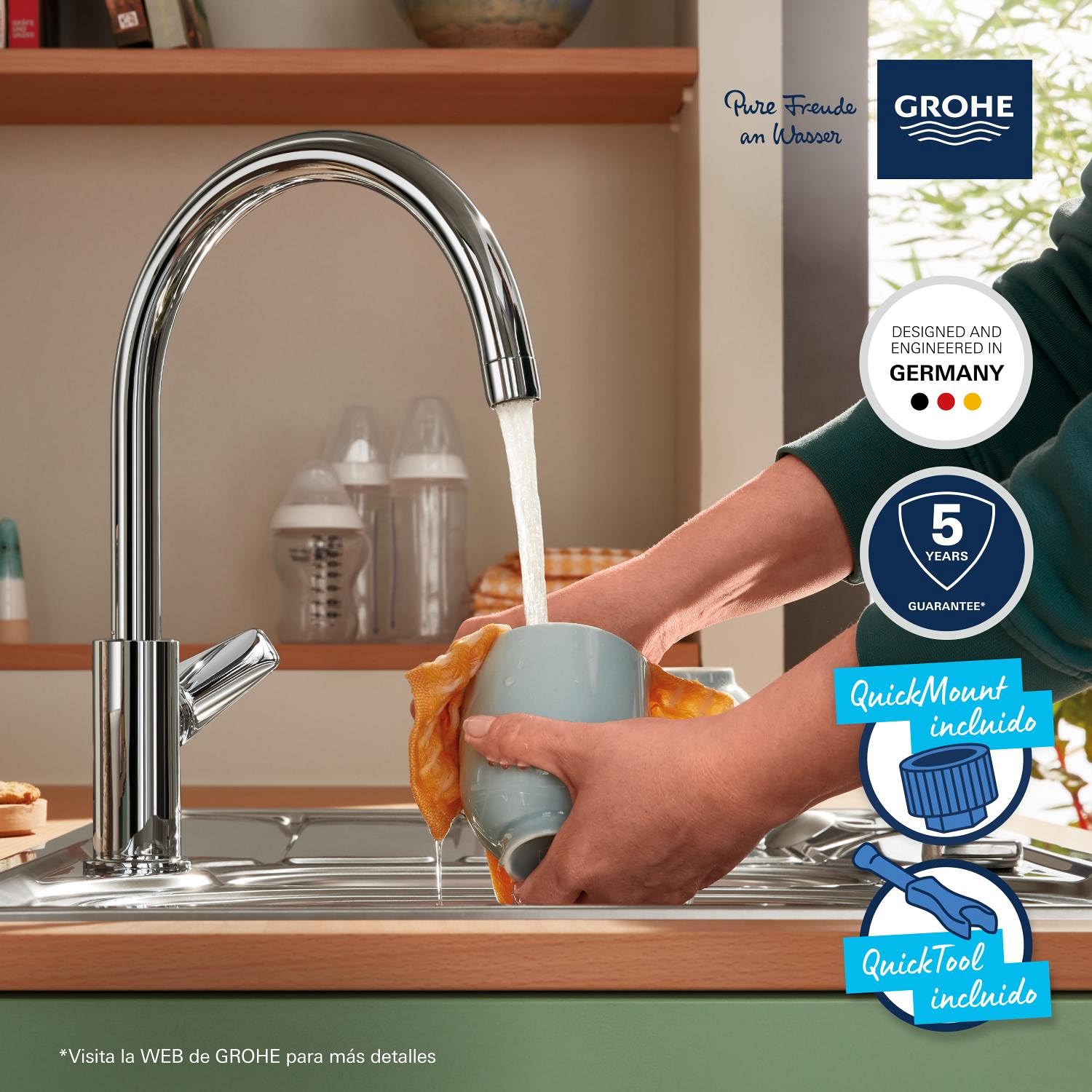 GROHE StartEdge, Grifo de cocina (caño alto en C, giro de 360º, menor consumo de agua), cromo, 30529001
