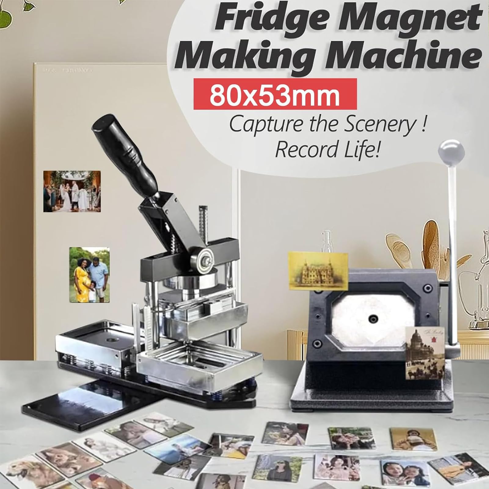 Fotomagnet-Maschinen-Verbrauchsmaterial,Quadratische magnetpresse abzeichenmaschine,Kühlschrank Badge Maker Kit + Papierschneider + 100pcs Komponente ((80 * 53mm))