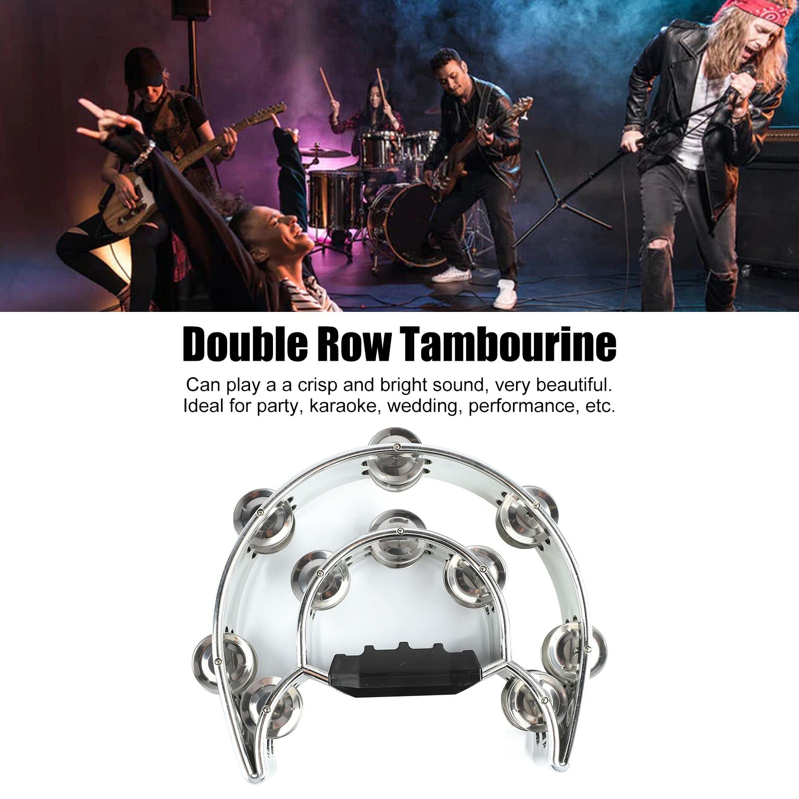 Tambourine for Adults, Musical Tambourine Double Row Metal Jingles Hand Held Percussion Instrument with Ergonomic Handle Grip for Party Concerts