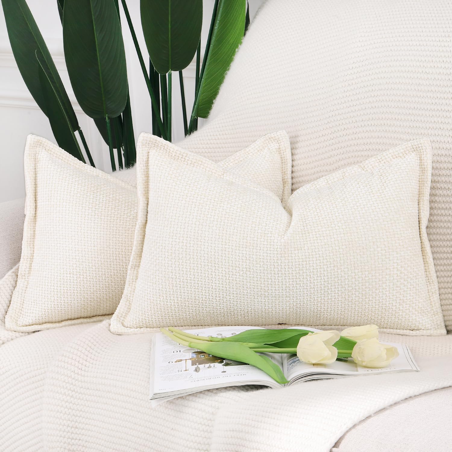 Madizz Set of 2 Chenille Velvet Cushion Covers with Flange Soft Boho Textured Throw Pillow Covers Broadside Pillowcases Modern Farmhouse Home Decor for Sofa Bedroom Cream 12x20 inch