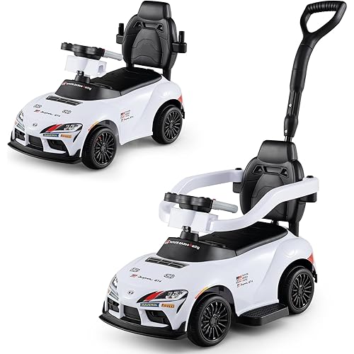 Costzon Push Car for Toddlers, 3 in 1 Toyota Licensed Stroller Sliding Walking Car w/Handle, Music, Safety Guardrail, Under-Seat Storage, Foot-to-Floor Kids Ride On Toys for Boys Girls (White)