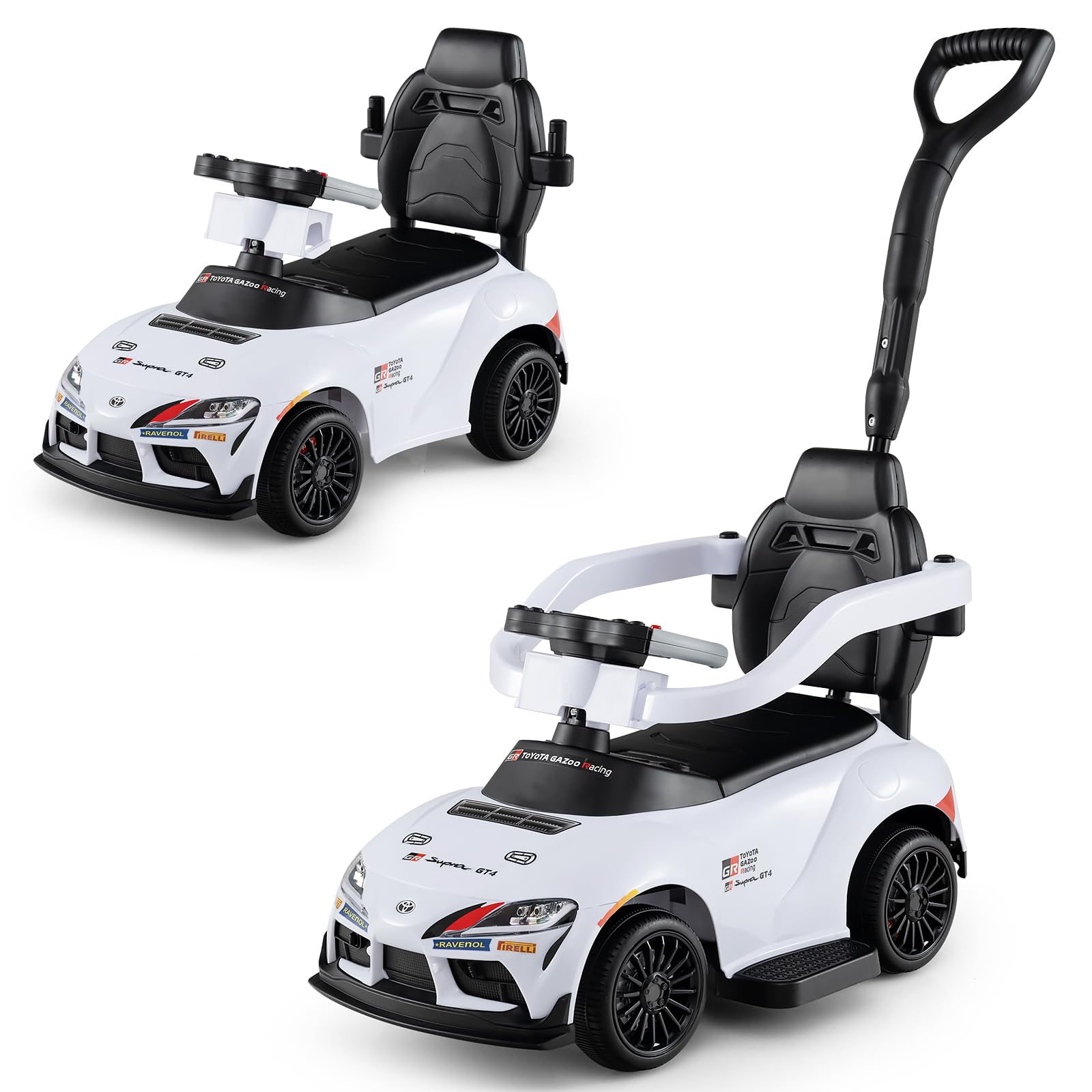 COSTWAY 3 in 1 Ride on Push Car, Licensed Toyota Stroller Sliding Walking Car with Handle, Music, Safety Guardrail & Under-Seat Storage, Toddler Foot to Floor Slider for Boys Girls 1.5-5 Years (White)