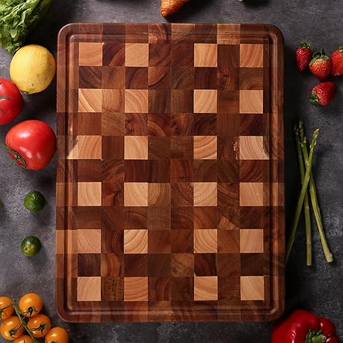 Miniatura 6 de YUSOTAN Tabla de cortar de madera de grano final de acacia y goma (17 x 11 x 1.6 pulgadas), tabla de cortar de madera de acacia, bloque de