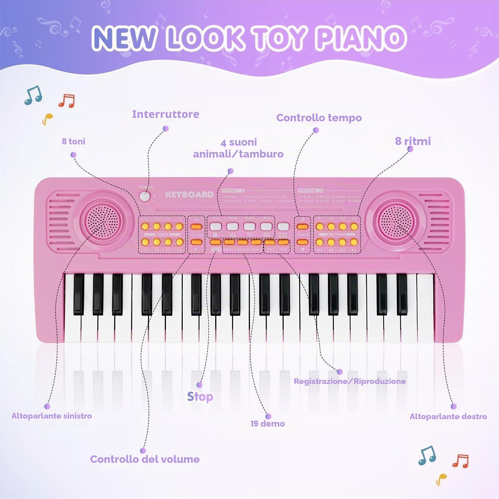 Pianola Tastiera Bambini Giocattolo Educativo con Microfono 37 Tasti Portatile Musicale Elettronica Pianoforte per Principianti Ragazzi Ragazze Regali di Compleanno e Natale di 3 4 5 6 7 Anni, Rosa