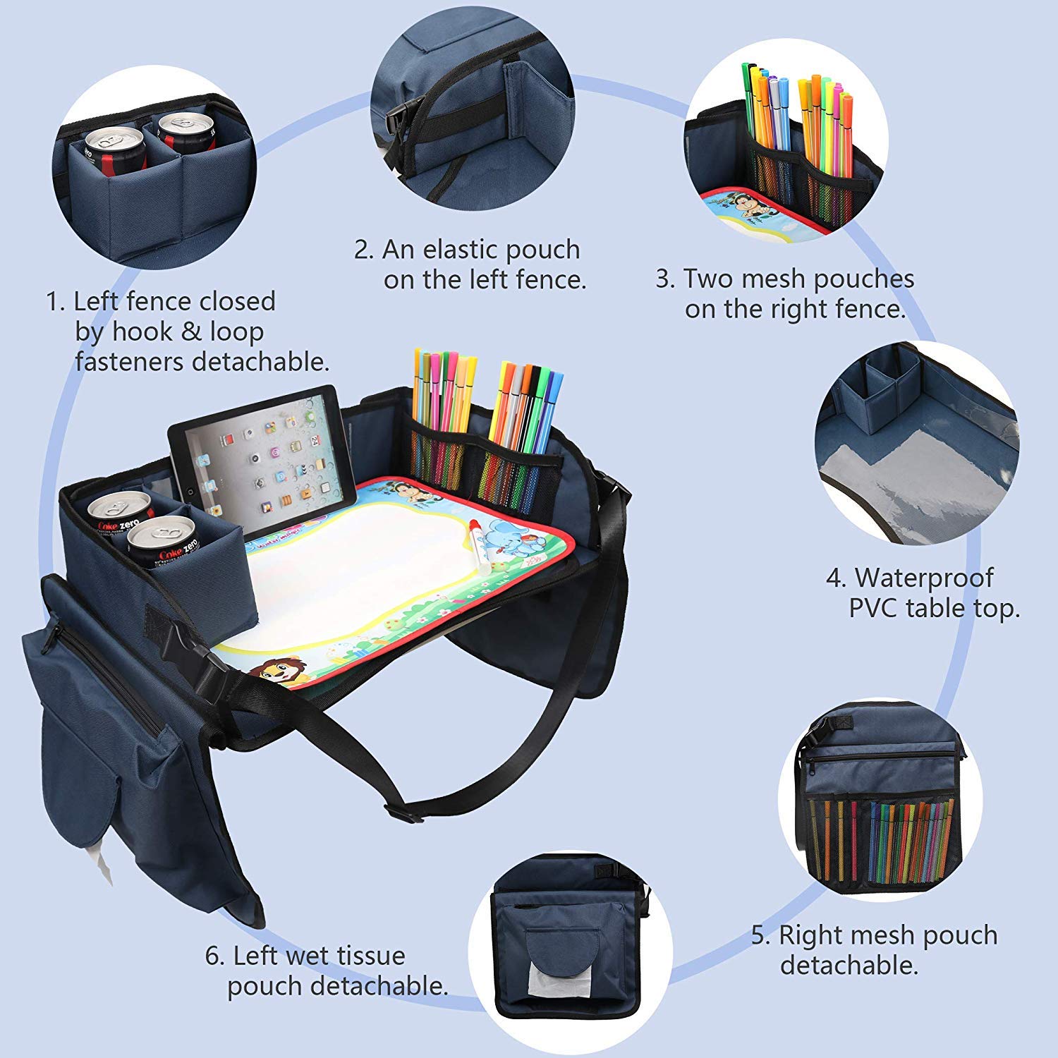 Becko US Plateau à jouets de voyage pour enfants - Plateau de jeu pour poussette, voiture, avion, voyage en voiture avec tapis de gribouillage, pliable et portable