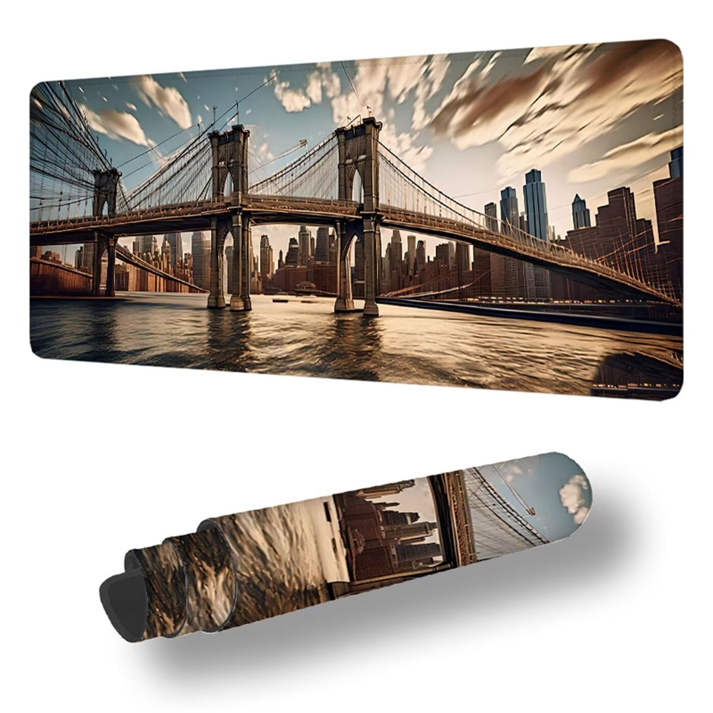 Podkładka pod mysz XXL 1200 x 600 mm duża podkładka pod mysz dla graczy most Brooklyn pod ręką biurko antypoślizgowe szyte krawędzie do komputera, laptopa poprawia precyzję i szybkość, krajobraz S