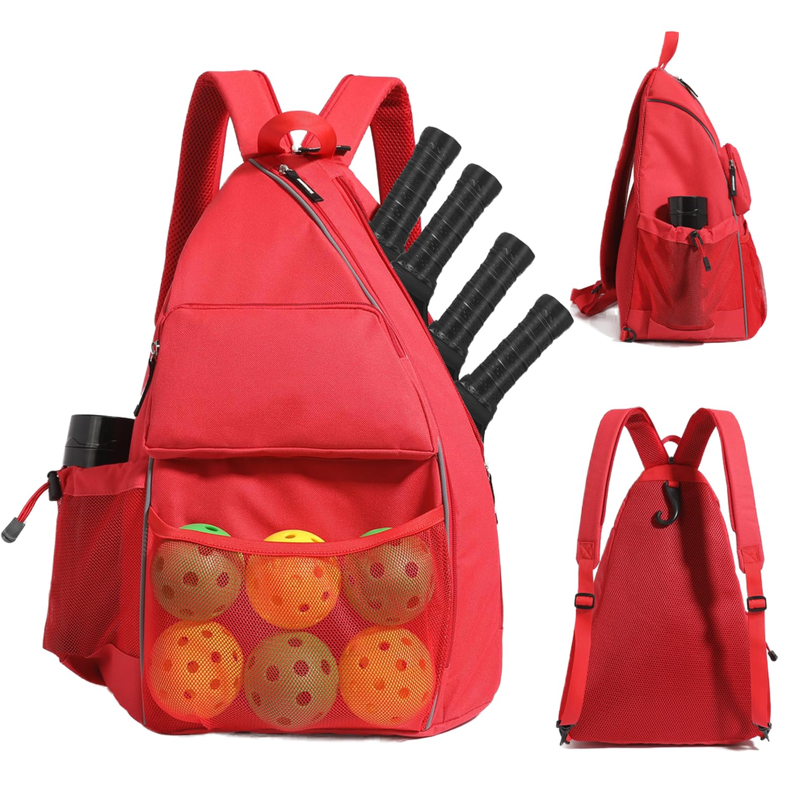 Sports bag for pickleball- Large Capacity Sports Bag for 4 Paddles, Adjustable & Multi-Functional - Ideal for Tennis, Squash, Cross-body Sports Backpack With Fence Hook (Red)