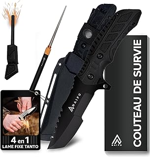 Naifu The Outdoor – couteau de survie 12 cm Drop Point semi‑cranté en acier inox, lame fixe, étui rigide – polyvalent pour bushcraft, randonnée - couteau bushcraft