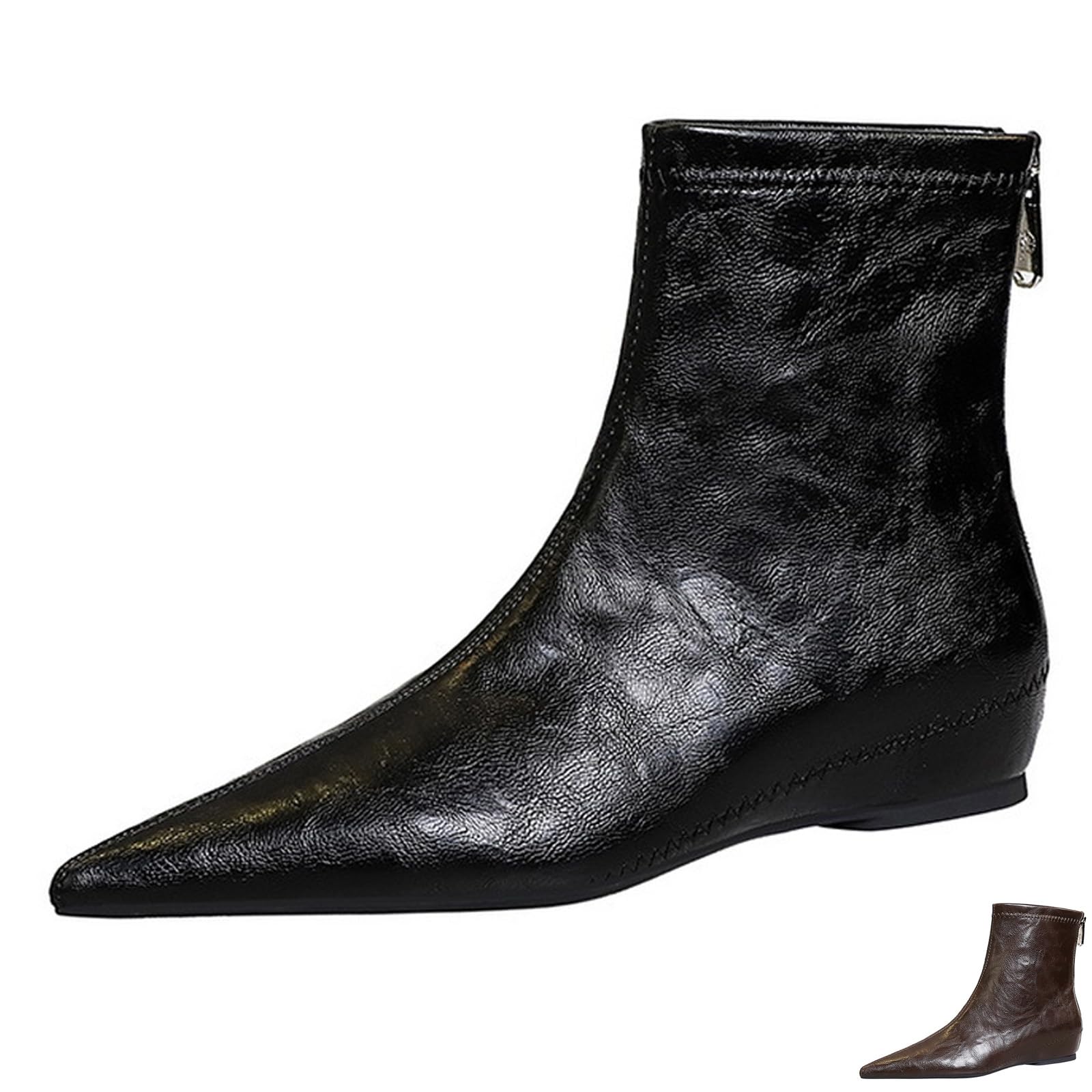 WYUETRA Women's Leather Stitching Details Invisible Wedge Ankle Booties Retro Handmade Pointed Toe Invisible Height Increasing Back Zippers Flat Dress