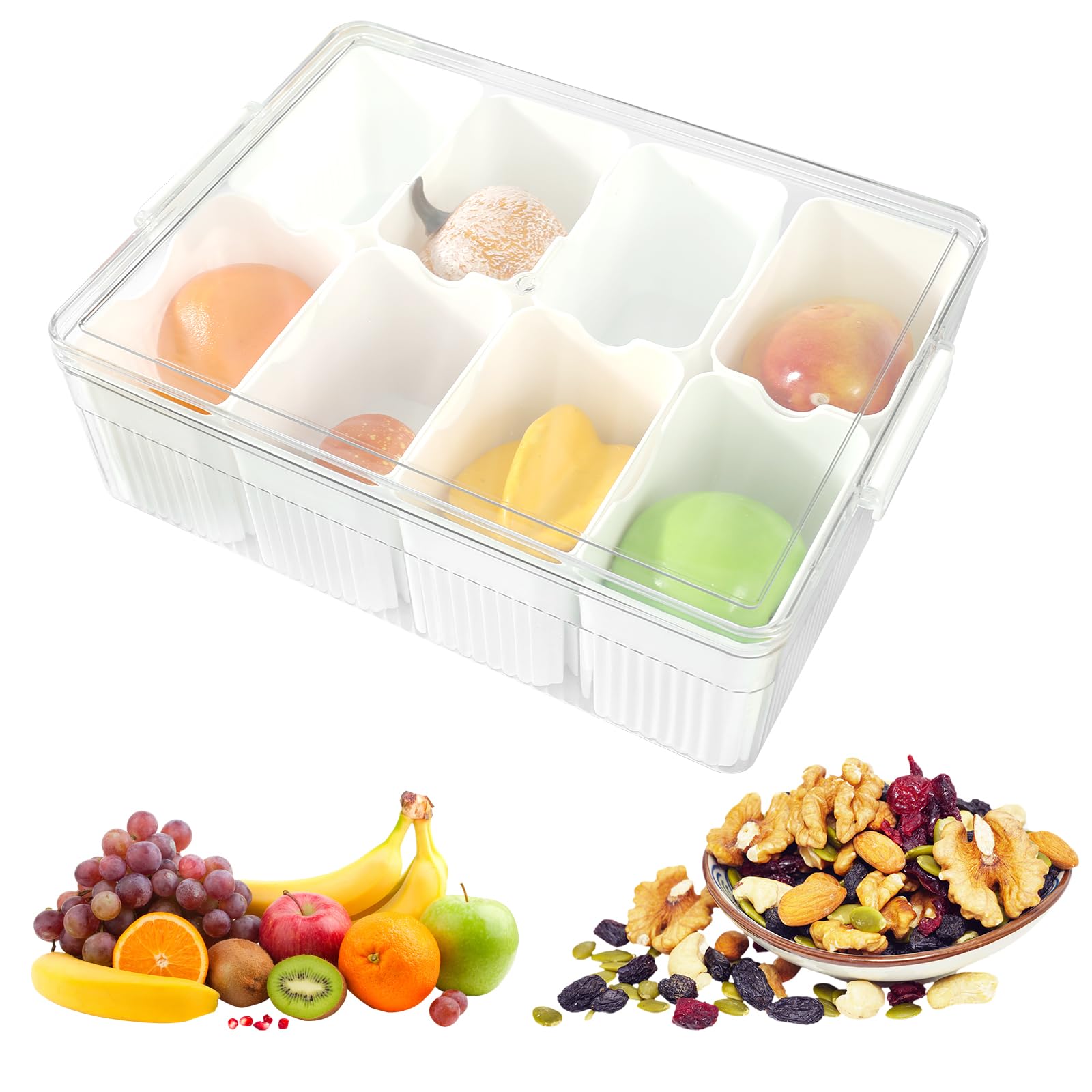 Divided Serving Tray with Lid 8 Compartment Snack Serving Tray with Snap Portable Food Storage Container, Divided Spice Container, Snack Platters Organizer for Spices, Candy, Fruits, Nuts, Snacks
