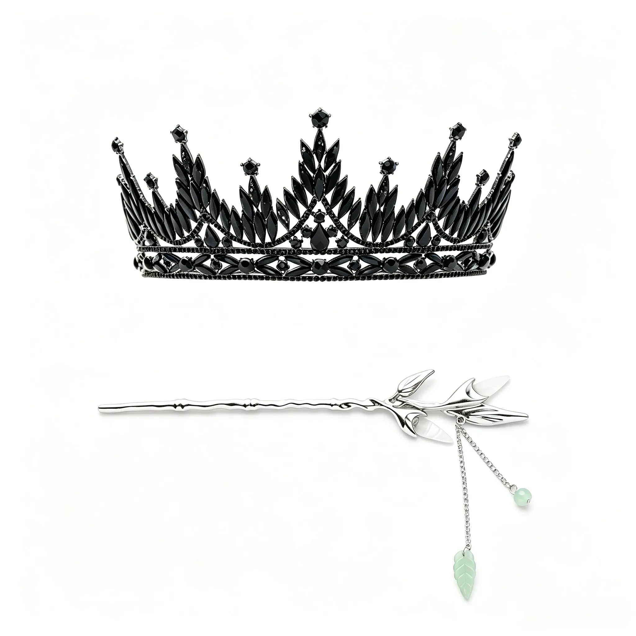 Kit per capelli impilabile stile fata, corona con strass neri e cristalli trasparenti, farfalla a goccia d'acqua e nappa, ornamento per cosplay e Hanfu per uso quotidiano
