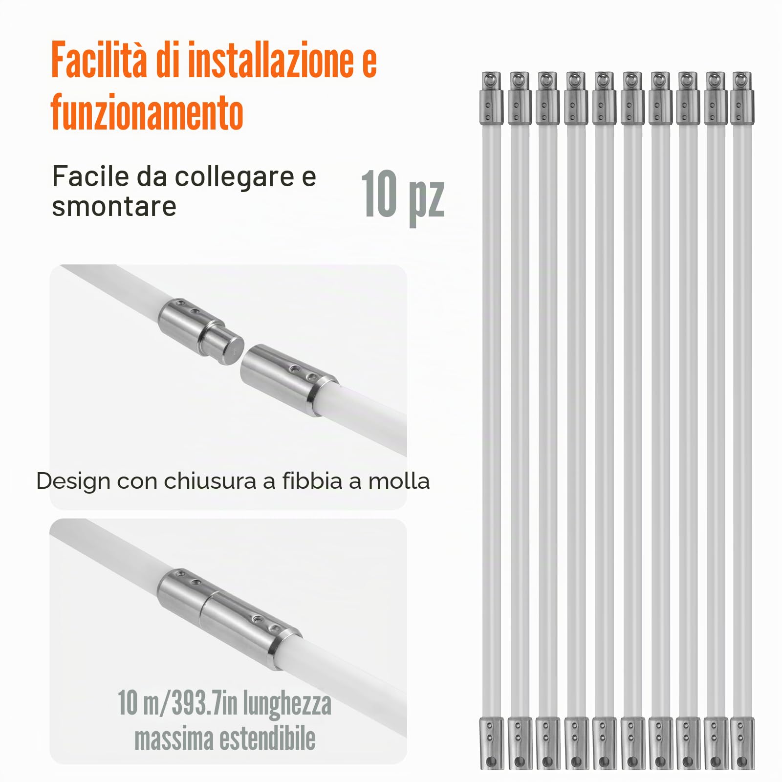 VEVOR Kit Spazzacamino per Stufa a Pellet 10 m, Spazzola per Pulizia Canne Fumarie Girevole 360°, 10 Aste Flessibili in Nylon
