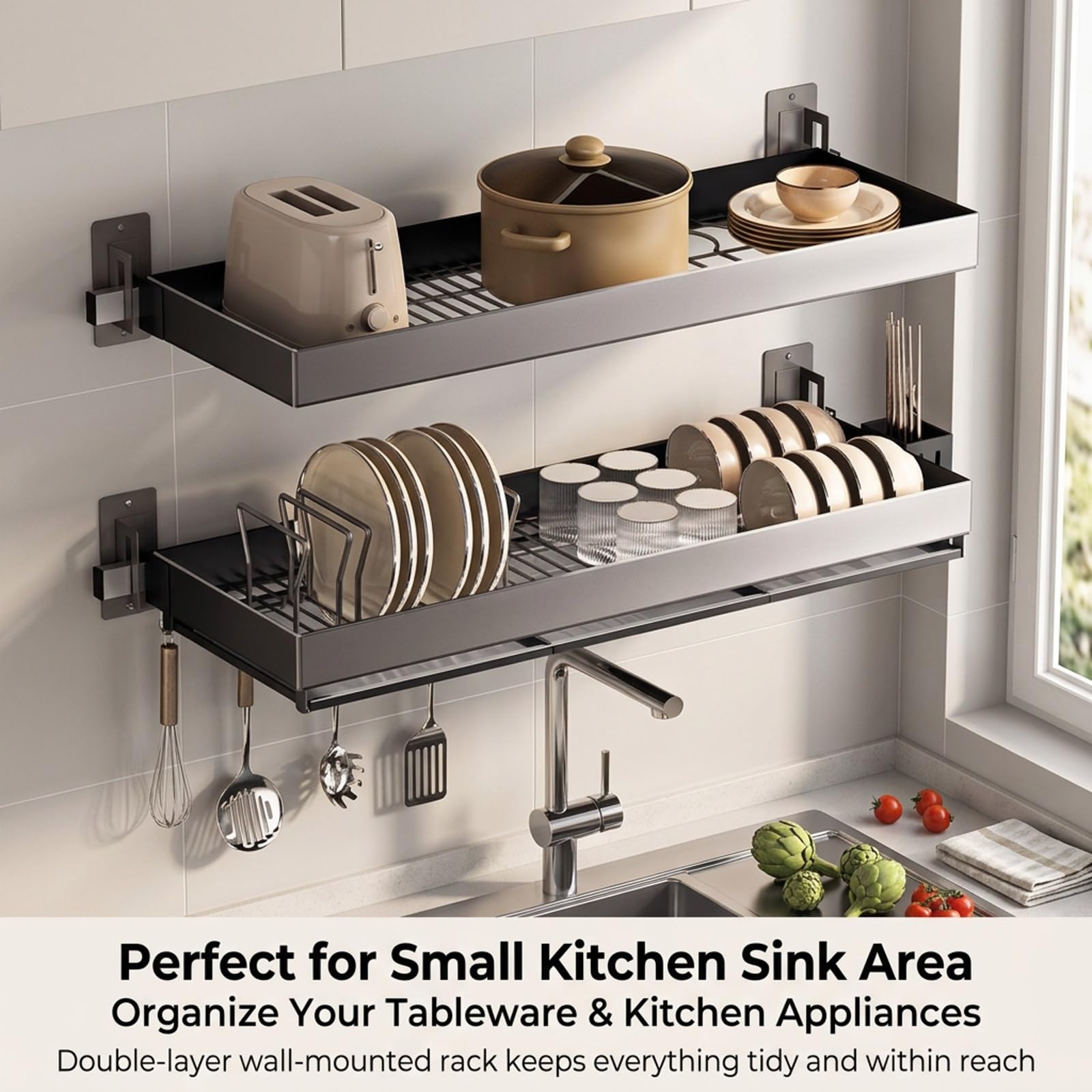 Escurridor de Platos para Pared, Organizador de Cocina en Acero | Acero inoxidable, montaje en pared, ahorro de espacio, secado rápido(Gray 2,95cm/37.4in)